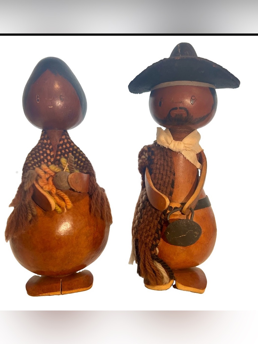 Handcrafted Uruguayan Gourd Folk Art Figures - Signed Pair Gaucho & Woman